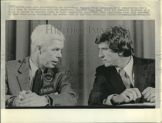 1974 Press Photo Senator Dominick & opponent Gary Hart at panel discussion. - Historic Images