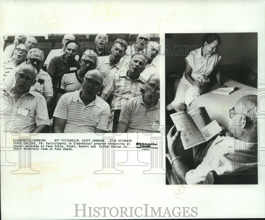 1984 Press Photo (L) Participants rehearse at choral workshop; couple in dorm. - Historic Images