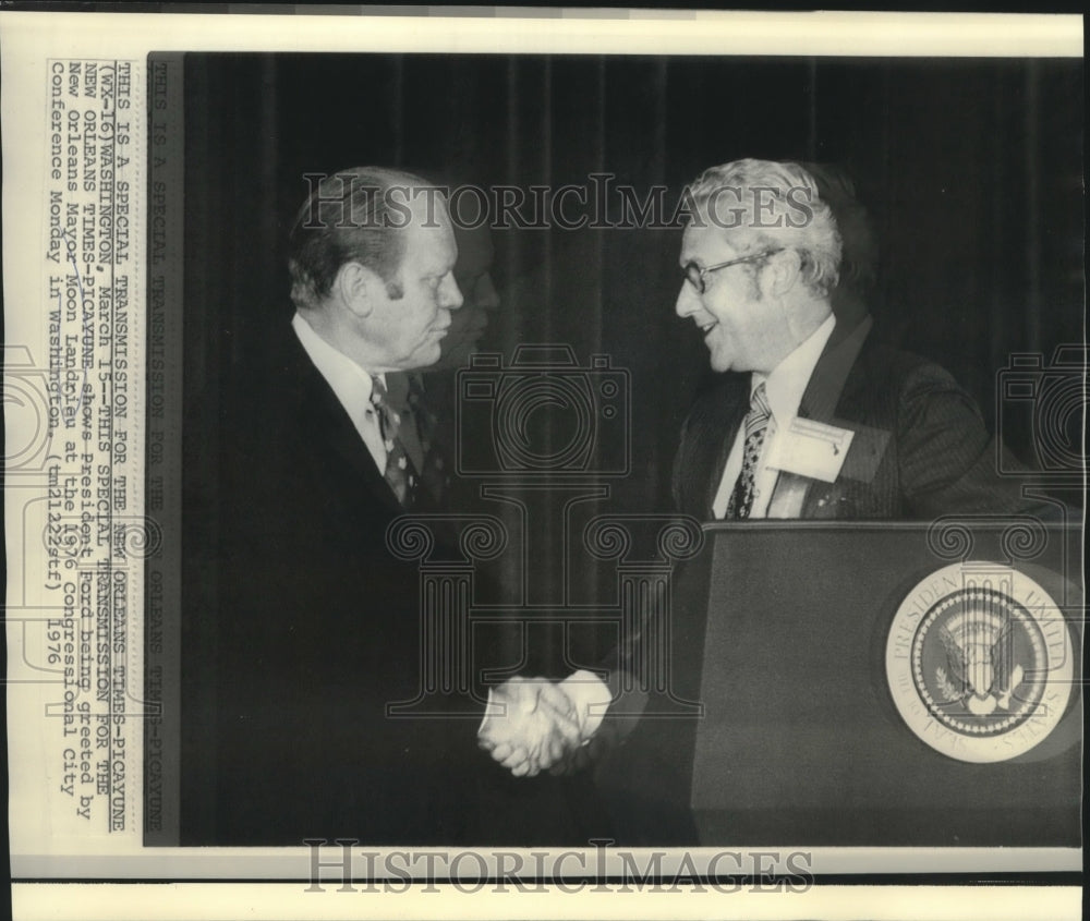 1976 New Orleans Mayor Moon Landrieu with President Ford - Historic Images