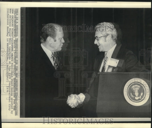 1976 New Orleans Mayor Moon Landrieu with President Ford - Historic Images