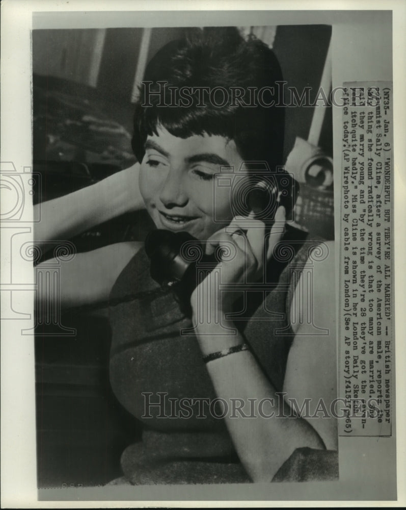 1965 Press Photo British newspaper columnist Sally Cline discussed married men - Historic Images