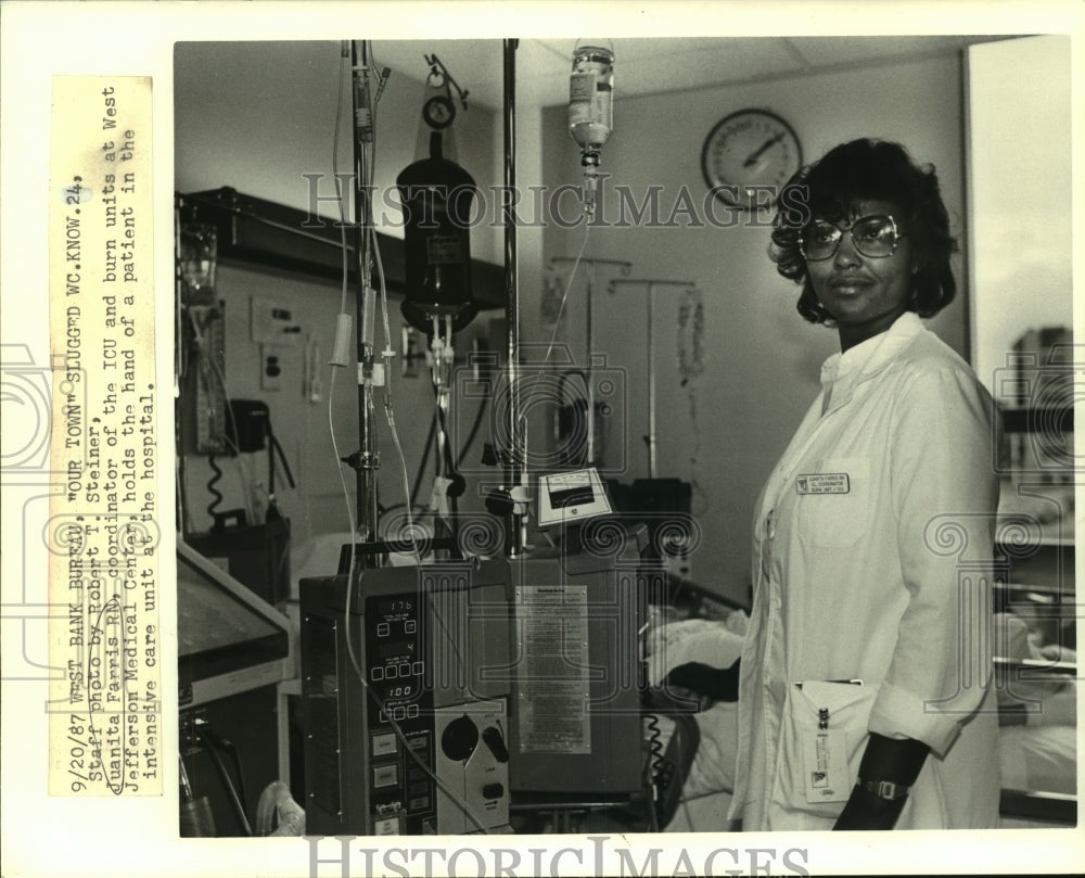 1987 Press Photo Juanita Farris, RN at  West Jefferson Medical Center- Burn Unit - Historic Images