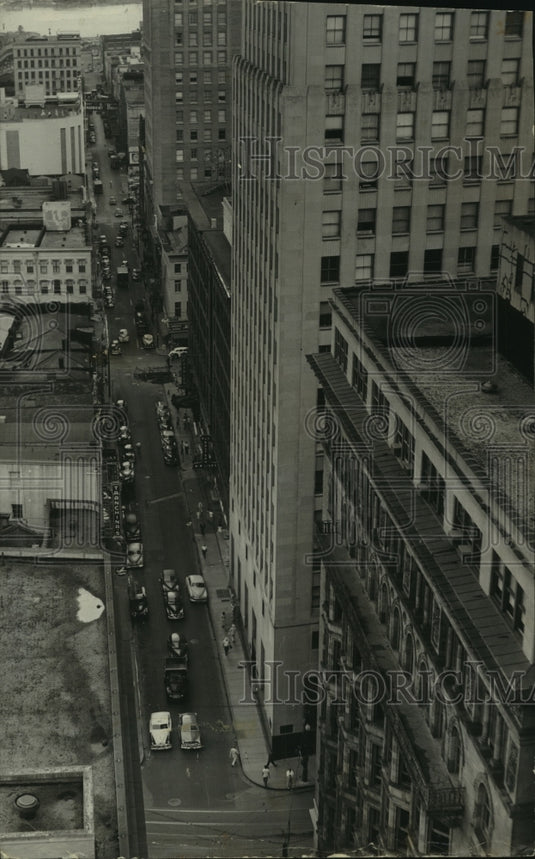 1955 Aerial view of Common Street at St. Charles, New Orleans - Historic Images