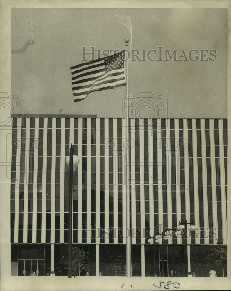 1969 Press Photo American Flag of the Day soars over South Broad police complex - Historic Images