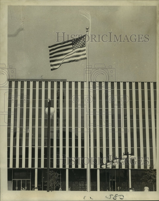 1969 Press Photo American Flag of the Day soars over South Broad police complex - Historic Images