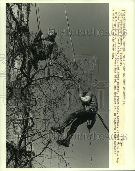 1987 Press Photo Brian Knecht & Kevin Baston hangs American Flag on top of tree - Historic Images