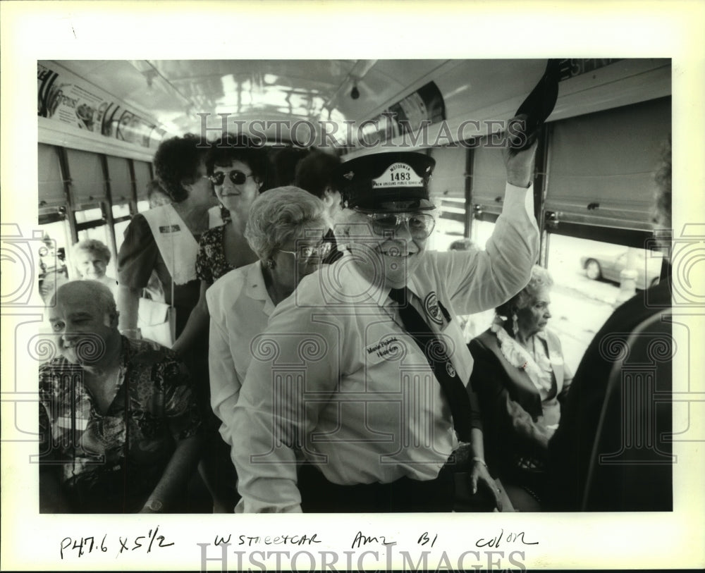 1993 Press Photo Marie Finhold in streetcar with other women streetcar drivers - Historic Images