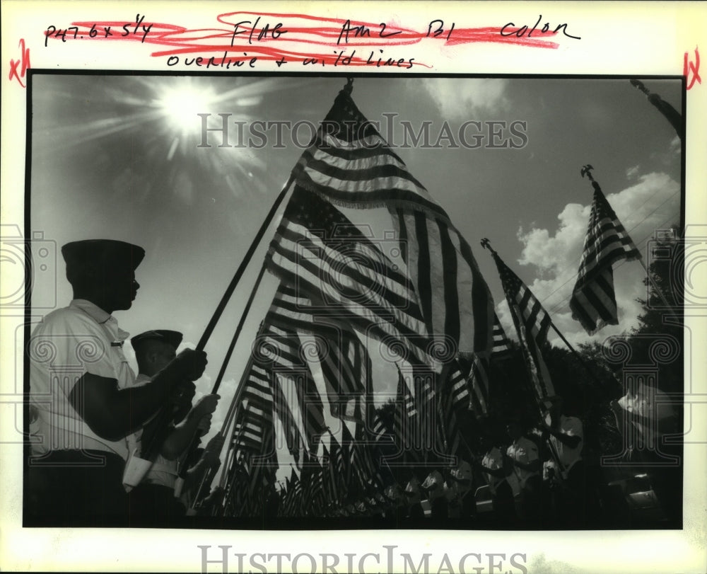 1993 Press Photo Flag Day color guards from Navy, Marine and National Guard - Historic Images
