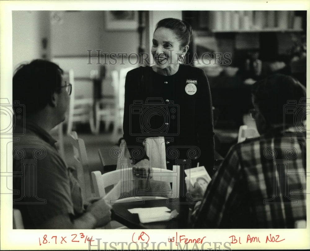 1994 Press Photo Mary Jane Fenner campaigns at Coffee &amp; Company in District A. - Historic Images