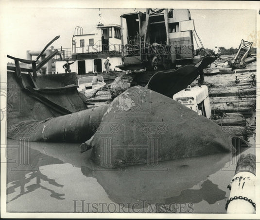 1970 Twisted metal at explosion site, Belle Isle River, Louisiana - Historic Images