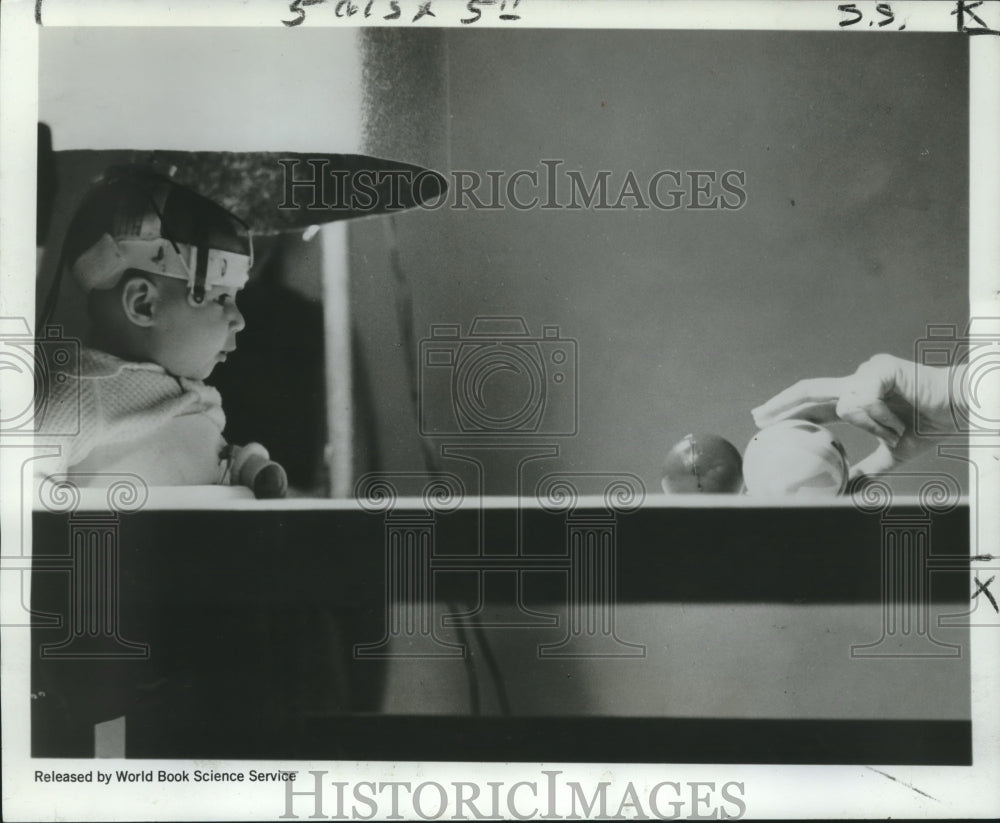 1969 Press Photo Electrodes worn by infant measure eye and head movements - Historic Images