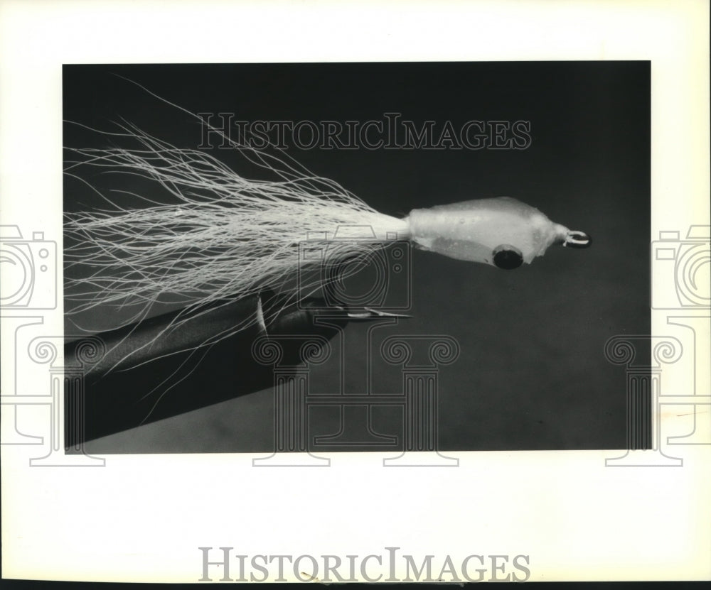 1990 Press Photo Epoxy shrimp fly lure for fly fishing. - Historic Images