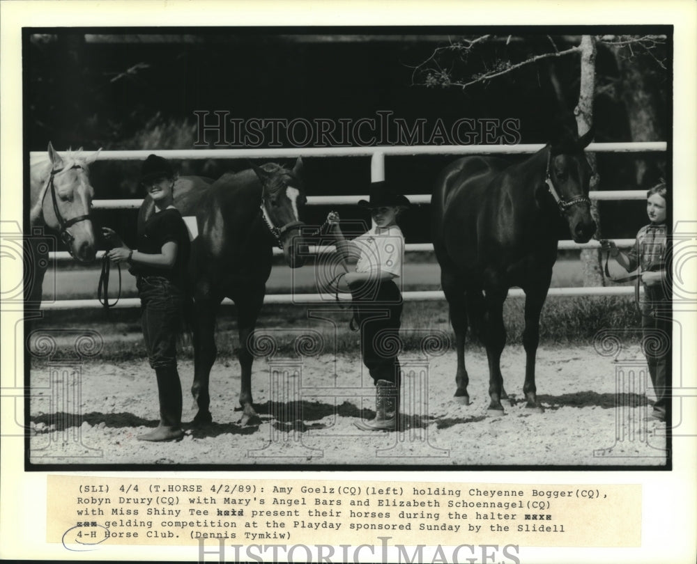 1989 Press Photo Members of the 4-H Horse Club present their horses at Playday. - Historic Images