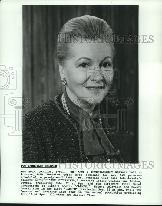 1986 Press Photo Actress Joan Fontaine to host segments of A&E 1986 programs - Historic Images