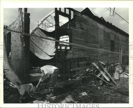 1994 Press Photo New Orleans fire inspector and arson dog "Roxie," check scene. - Historic Images