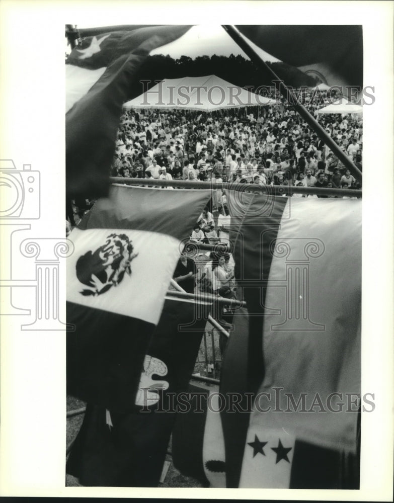 1990 Press Photo Latin American flags fly over the stage at Fiesta in the Park - Historic Images