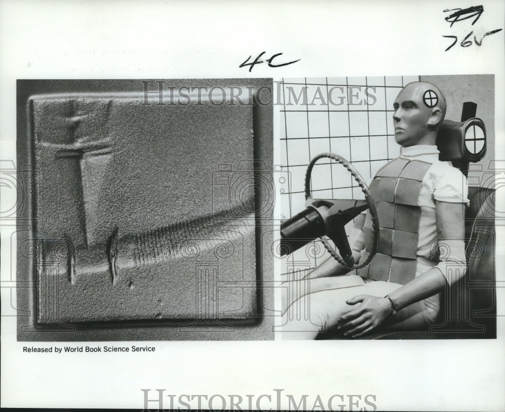 1968 Press Photo Left photo: impression of steering wheel; right, crash dummy - Historic Images