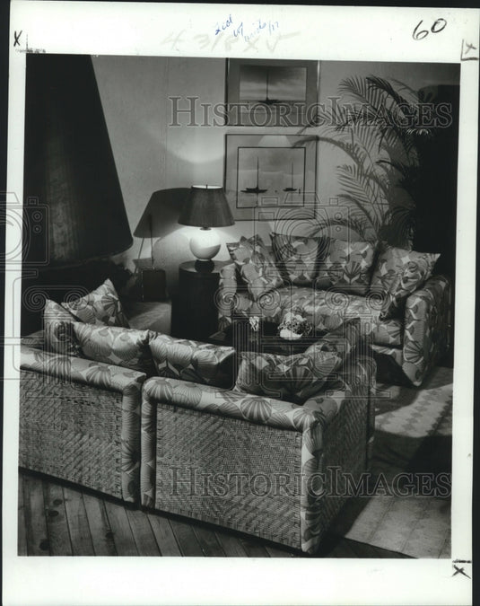 1979 Press Photo Print cushions with rattan base of couches at Units. - Historic Images