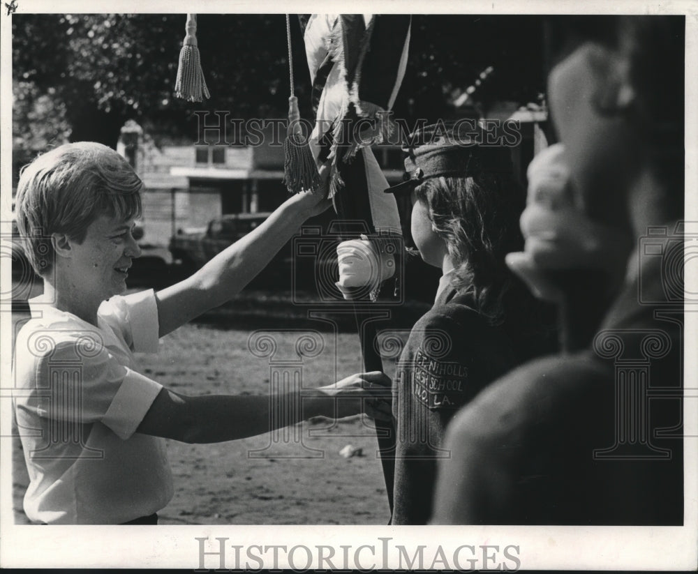 1969 Patricia A. Tilloy instructs flag bearer drill unit - Historic Images