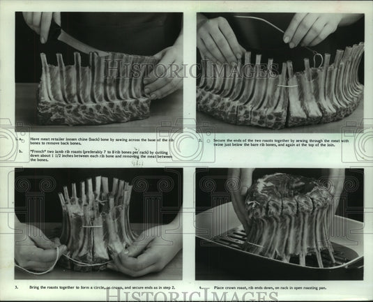 1985 Press Photo Step-by-step instructions on how to prepare a lamb crown roast - Historic Images