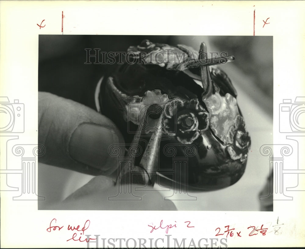 1989 Press Photo Andree Gelpi puts a jewel on a ceramic agges she makes - Historic Images