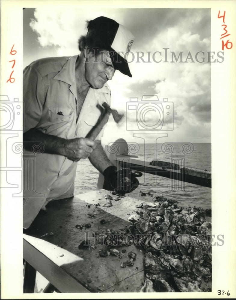 1988 Press Photo Joseph Gonzales, open oyster harvest in Bayou of Lake Robin - Historic Images