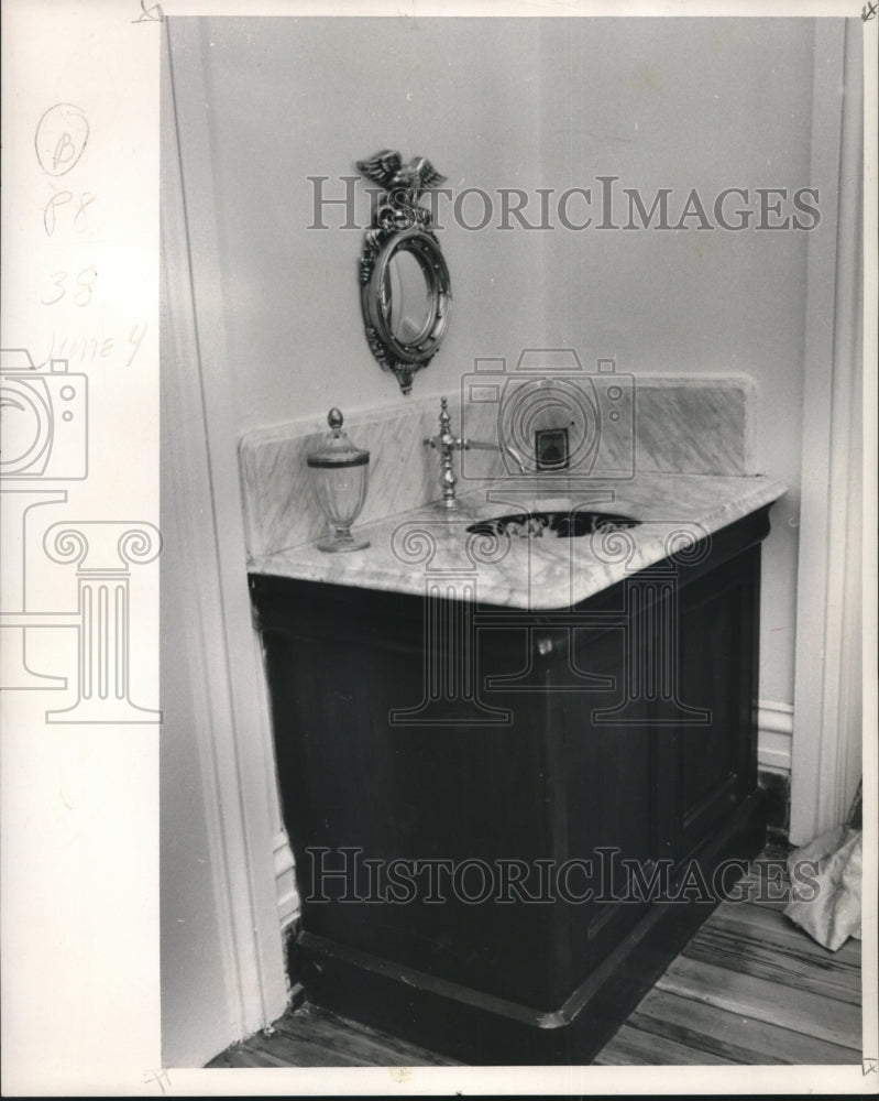 1967 Home&#39;s washstands with marble tops &amp; washbowls of china - Historic Images