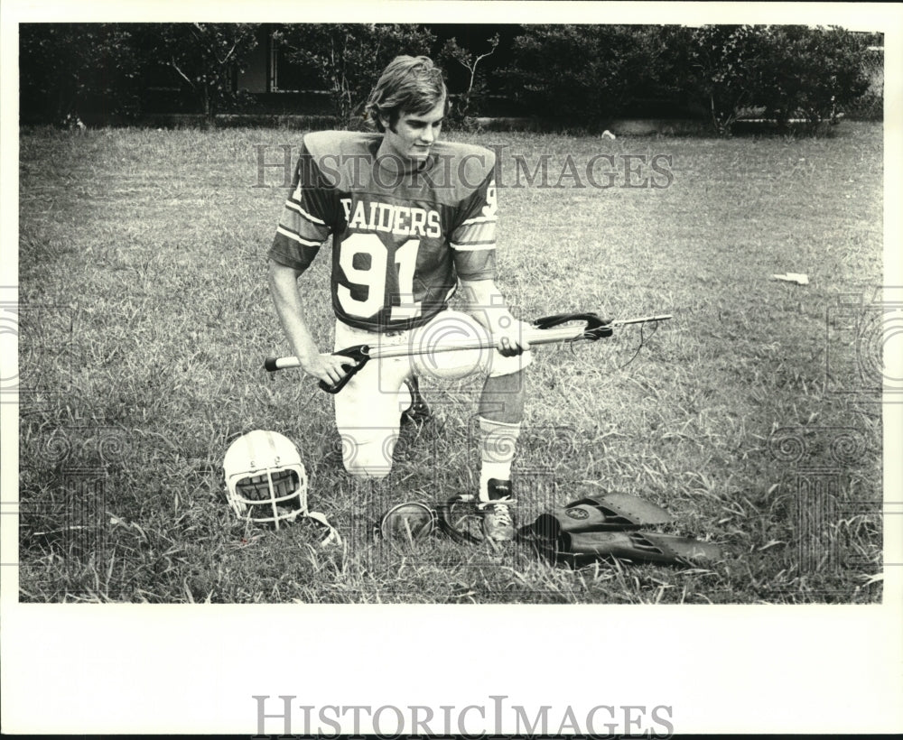 1978 Press Photo Football, Keith Goodfellow of Rummel holding a fishing spear - Historic Images