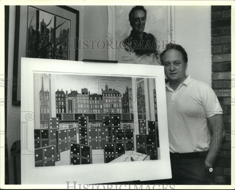 1992 Press Photo Rolland Golden displays his new lithograph, &quot;East-West Games&quot; - Historic Images