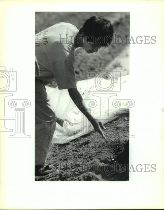 1992 Press Photo "Green Team" member plants pumpkin seeds at Kelvin Landfill - Historic Images