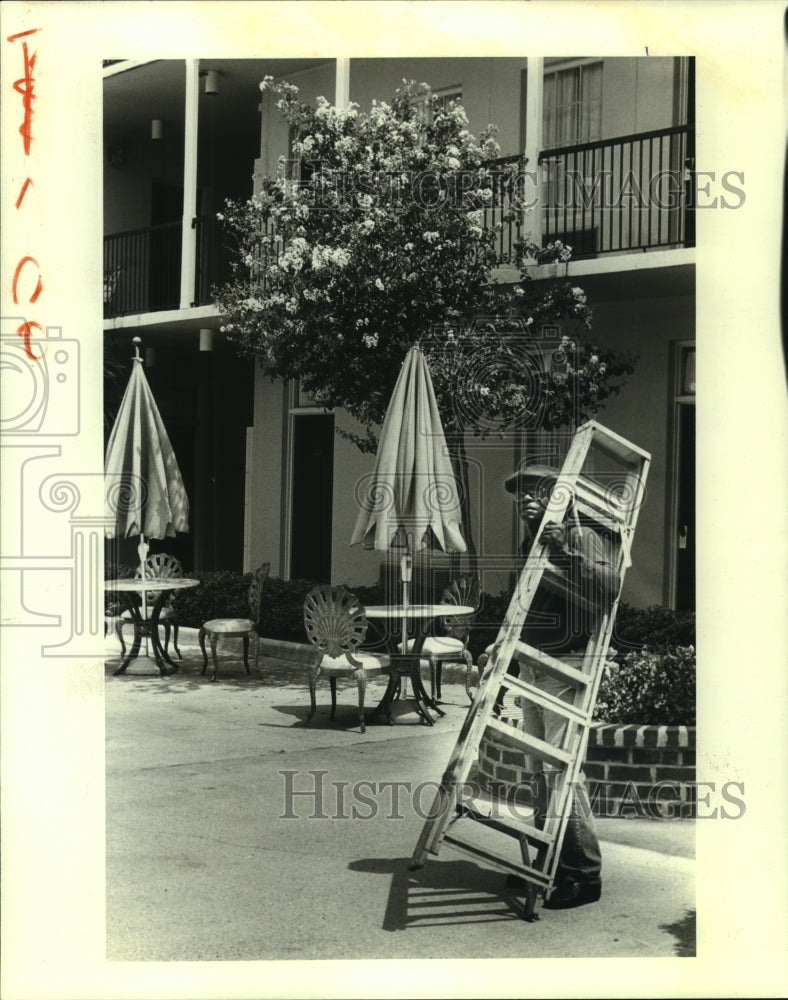 1988 Press Photo William Greenward with his ladder in the garden court - Historic Images