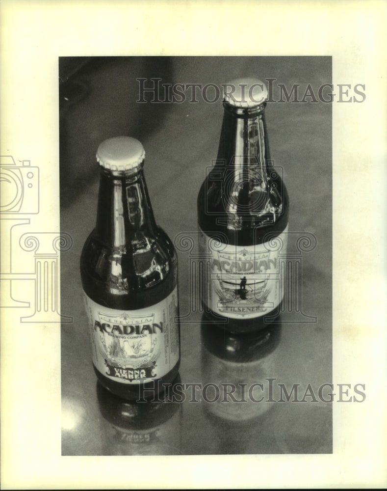 1996 Press Photo Mock-up bottles of the Acadian Vienna Amber and Pilsner - Historic Images