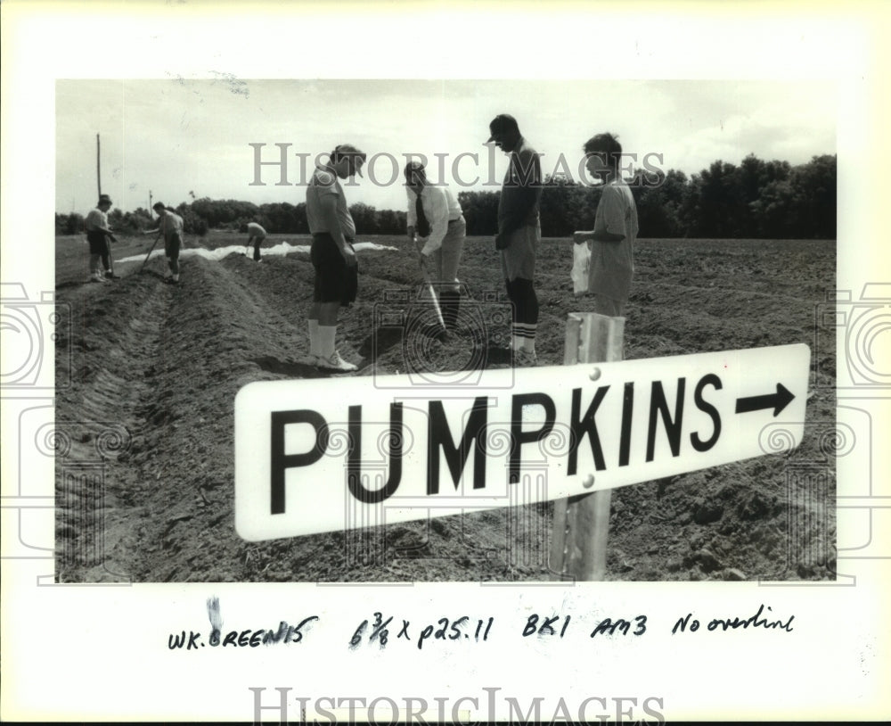 1992 Press Photo Mike Yenni with Green Team members plant pumpkin seeds - Historic Images