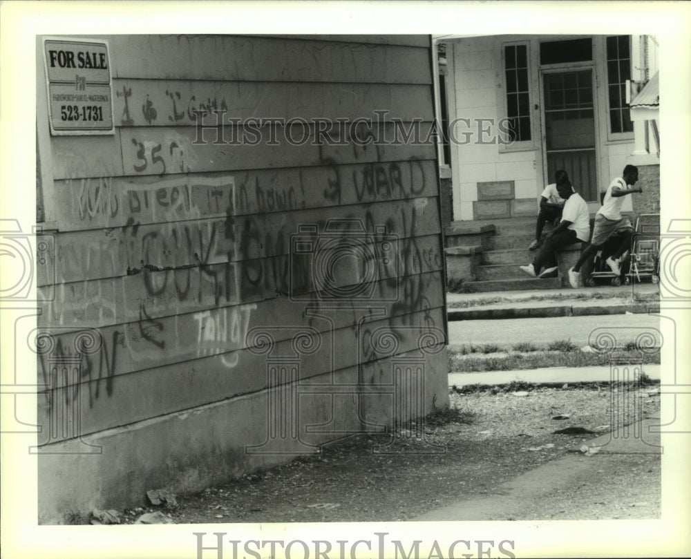 1990 Press Photo Graffiti is shown on a house across from Easton Park - Historic Images