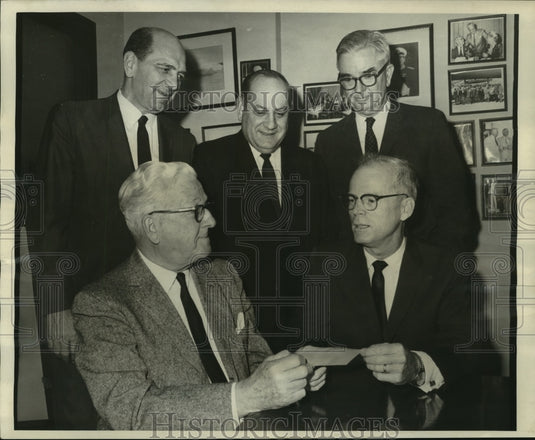 1968 Attendees of check presentation at Masonic Temple - Historic Images