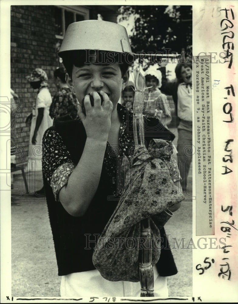 1981 Press Photo Mark Forshag, 9, as Johnny Appleseed, Faith Christian School - Historic Images
