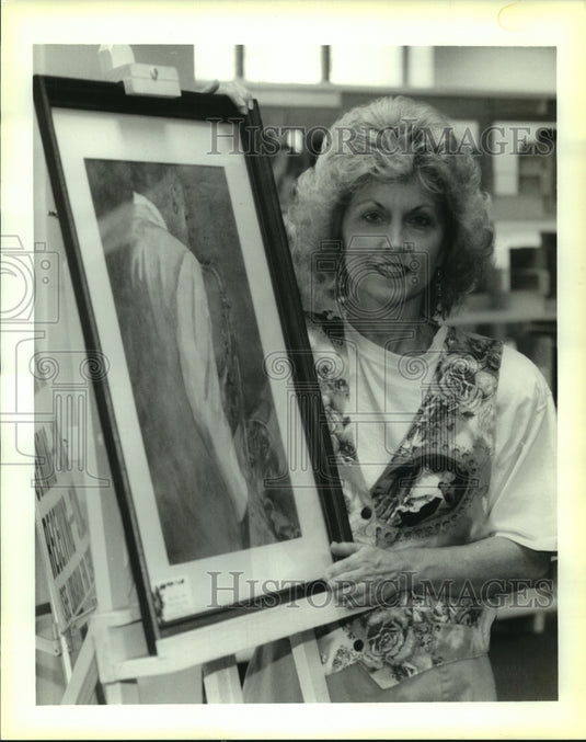 1993 Press Photo Artist Judy Hahn with Watercolor Painting Saxophone Blues - Historic Images