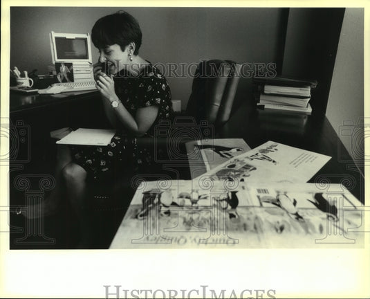 1993 Press Photo Children's author Jeanne Gravoi on phone in her office - Historic Images
