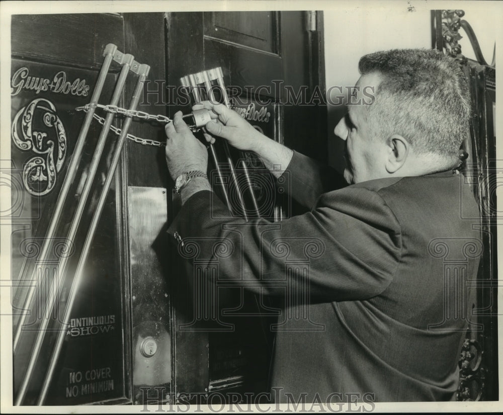 1964 Press Photo View of locked theater entrance door to Guys and Dolls musical-Historic Images