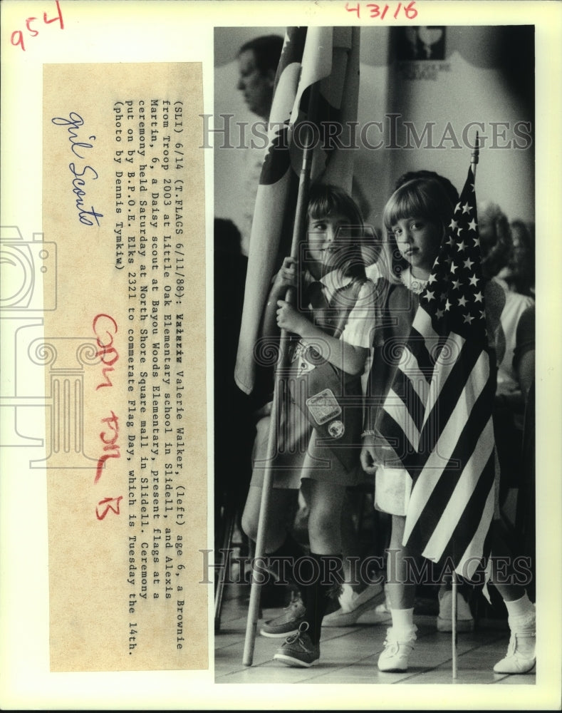 1988 Press Photo Valerie Walker and Alexis Martin present flags for Flag Day. - Historic Images