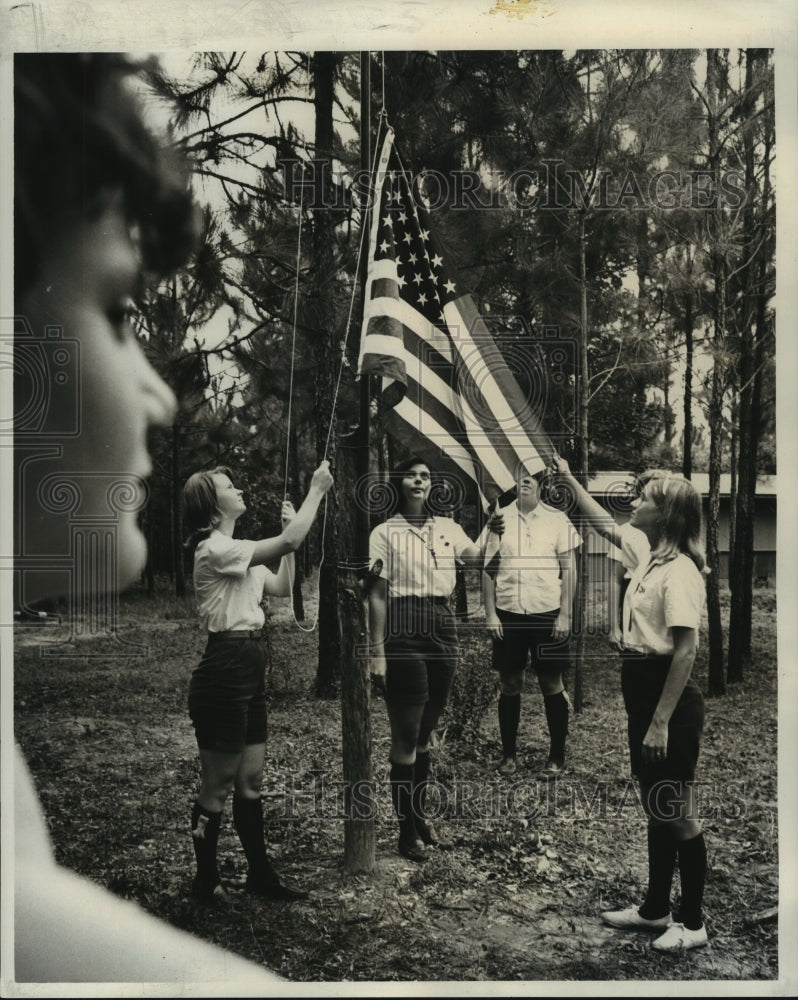 1966 Press Photo Girls Scout members in attention during Flag raising ceremony - Historic Images