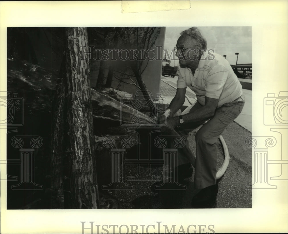 1990 Press Photo Dr. Albert Habeeb waters some trees stored at pumping station - Historic Images