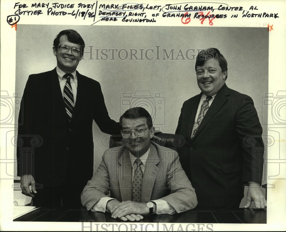 1986 Press Photo Mark Files, John Graham, and Al Dempsey of Graham Resources. - Historic Images