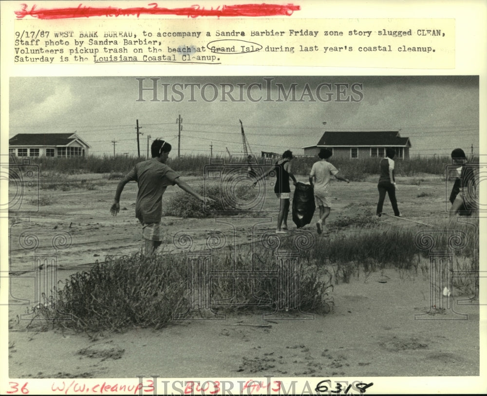 1987 Press Photo Louisiana Coastal Cleanup volunteers along the Grand Isle beach - Historic Images