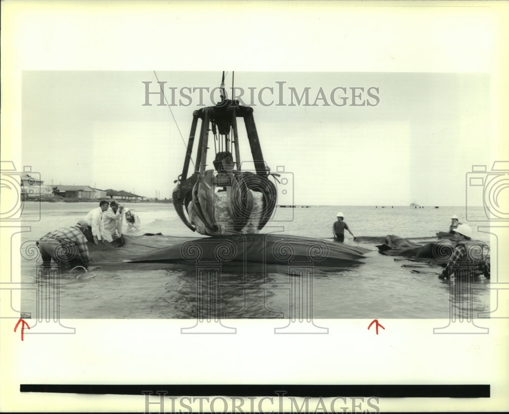 1989 Press Photo First boulder of the Grand Isle Rock Jetty is put in place - Historic Images