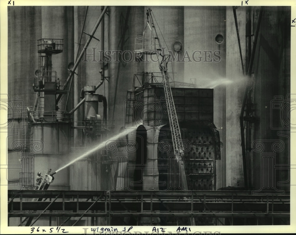 1993 Press Photo Firefighter sprays water on St. Charles Parish grain elevator - Historic Images