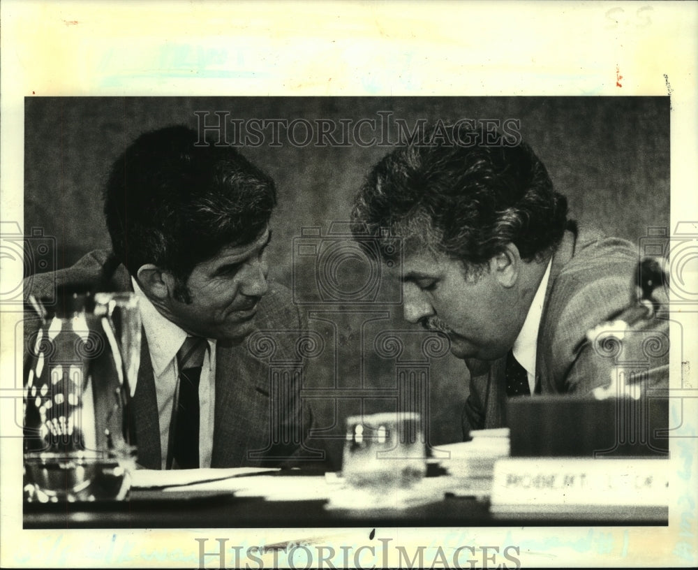 1982 Press Photo New councilmen Ronald Gillen &amp; Robert De Viney at meeting - Historic Images