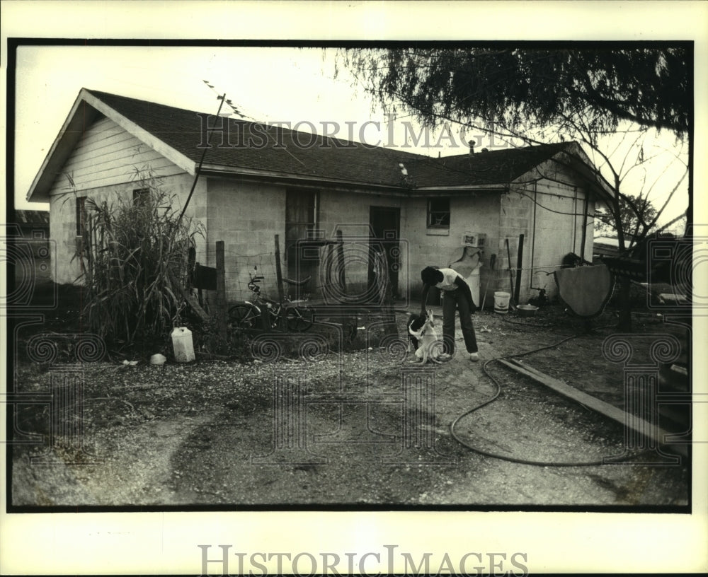 1981 Press Photo Treena Williams pets dogs at a home behind Glendale Plantation - Historic Images