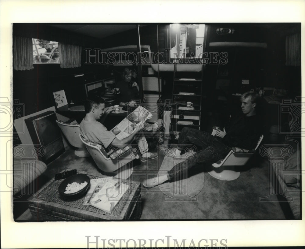 1989 Press Photo The Halls aboard their 52-foot Irwin Sailboat where they live - Historic Images