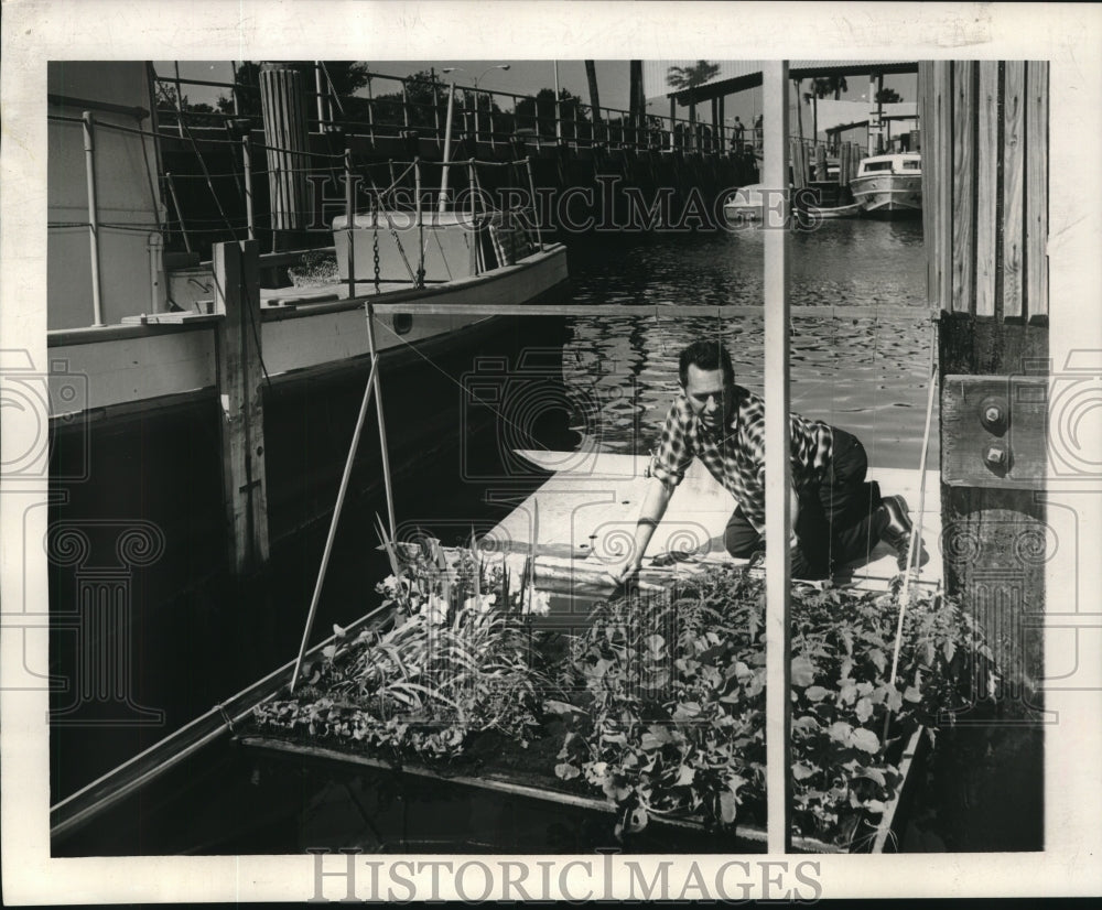 1965 Press Photo Scientist Glenn E. Hagen checks his vegetables &amp; flower garden - Historic Images